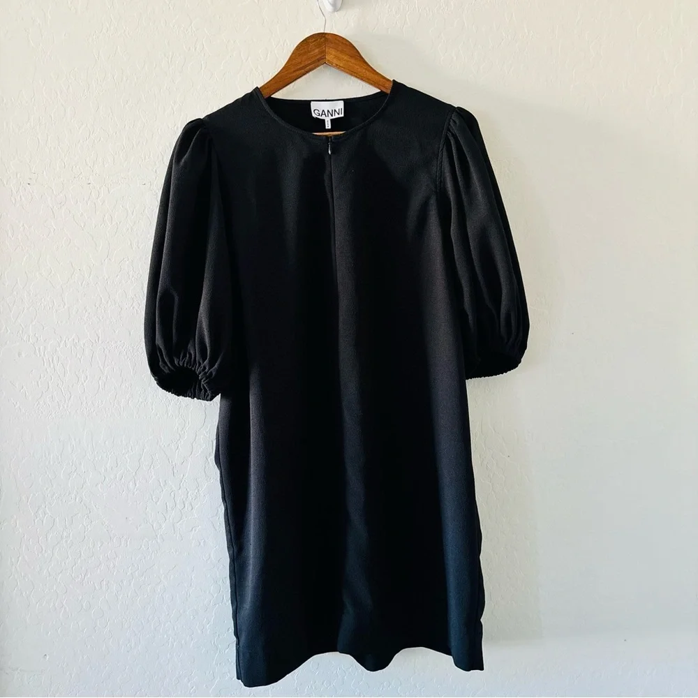 GANNI Black Puff Sleeve Mini Dress Size 42 EU Balloon Sleeve Shift Dress - Picture 1 of 7
